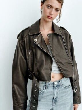 Zara Cropped Brown Leather Moto Jacket